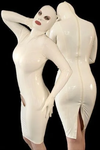 

100% Latex Rubber White Hood Fashion Uniform Unique Dress Size XS~XXL