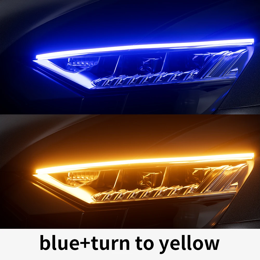 PAUTIX 2Pcs Car LED Light Strip 12V Flexible Waterproof DRL Daytime Running Lights Auto Headlights White Turn Signal Yellow