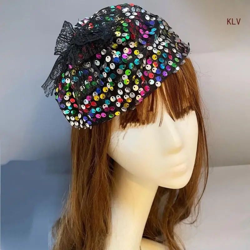 

Girly Half Yarn Hat Sequins Headband Banquet Prom Hairband for Teens Halloween Party Taking Photo Anti Slip Hairband