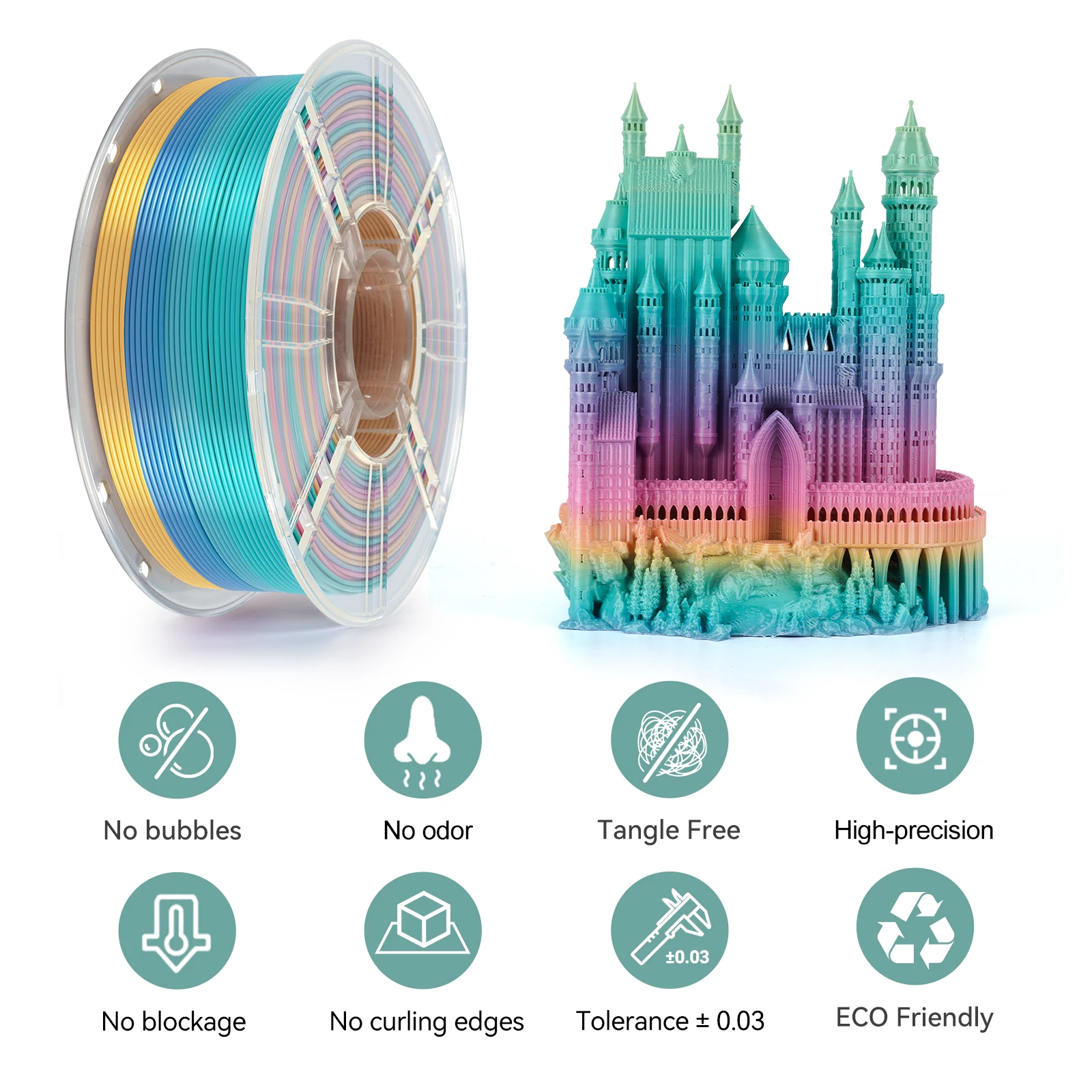 KINGROON 5 kg Seiden-PLA-Filament, 1,75 mm, 1 kg dreifarbiges Seiden-PLA-3D-Drucker-Filament, ordentlich gewickelt, mehrfarbige Regenbogen-3D-Filamente – Detail 1
