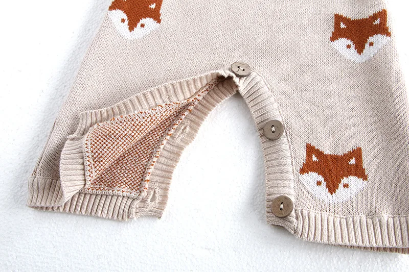 MiniAinis Autumn Winter New Baby Knitted Cotton Overalls Girls Fox Pattern Jumpsuit Boys Knit Sleeveledd Romper Newborn Clothes