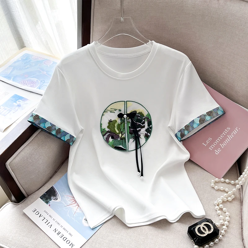 High Fashion patchwork design heavy industry embroidery flower t-shirt top and women summer loose chic short sleeved t shirts