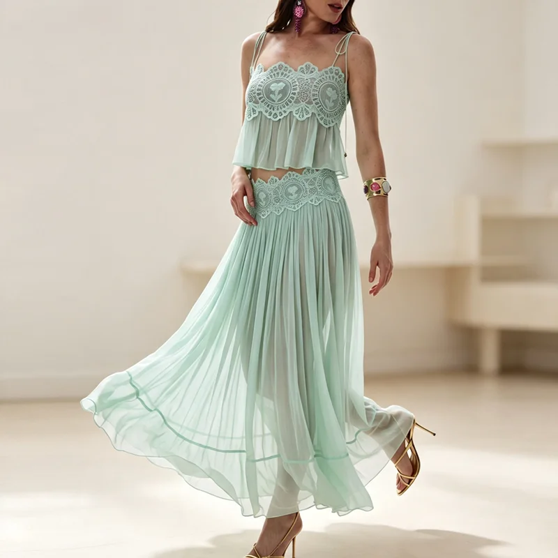 Women Lace Spaghetti Strap Crop Top Long Skirt Two Piece Set Sheer Mesh Ruffle Hem Skirt Suit Summer Beach Vacation Solid Outfit view 5