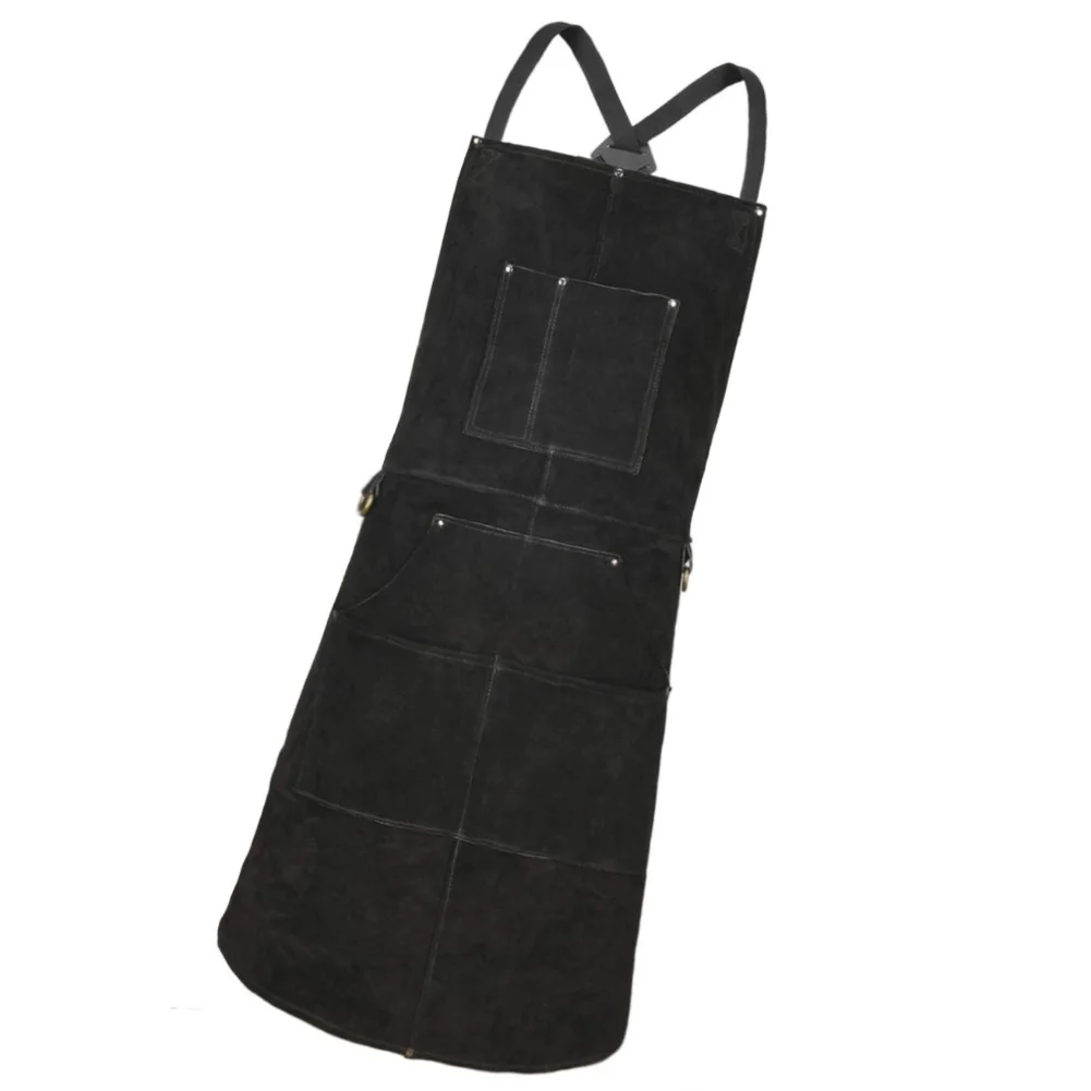 Flame Resistant Leather Welding Apron Made of Thick Split For Cowhide with Reinforced Stitching and 6 Functional Pockets