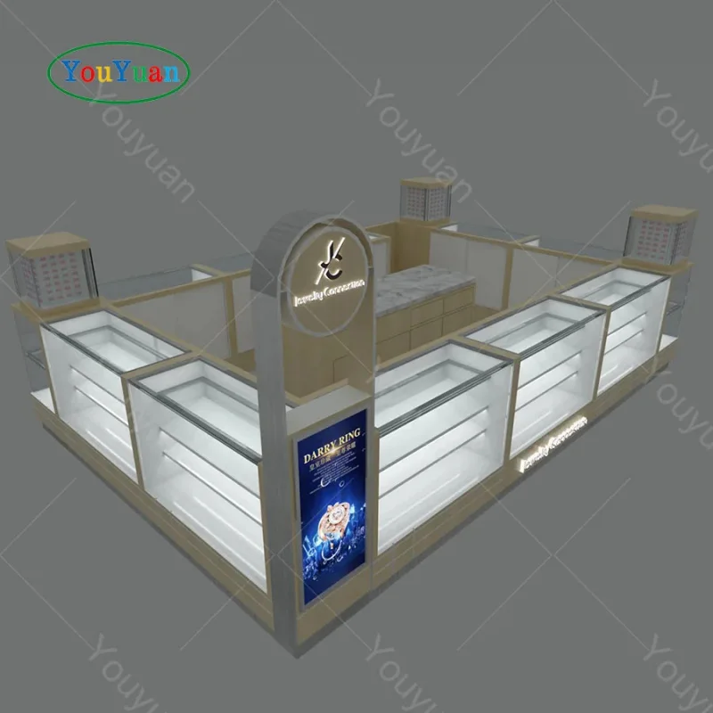custom.Youyuan New Design Shopping Mall Jewelry Kiosk with Led Lighting  Luxury Jewelry Showcase Display Cabinet Department