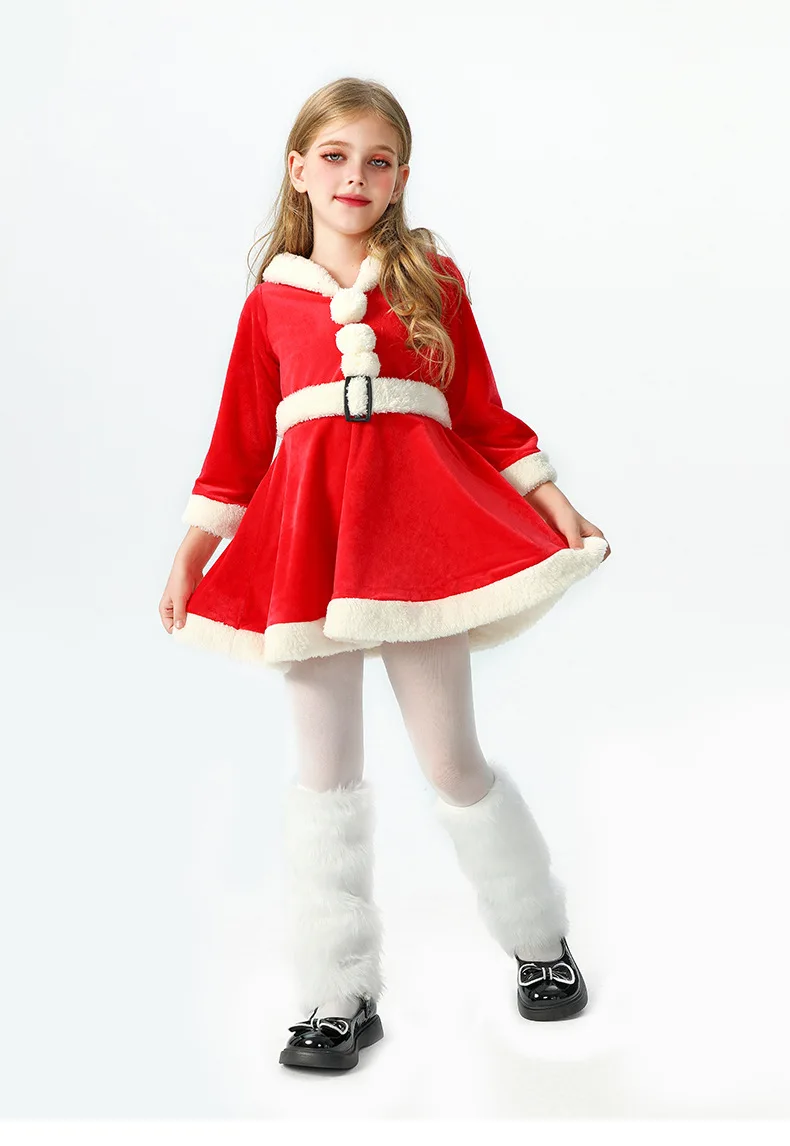 Weiches Samtkleid für Kinder mit Weihnachtsmann-Motiv, Kapuze, Weihnachtskostüm, Weihnachtsfeier, Bühnenauftritt, Show, Cosplay, Rock, Outfit – Detail 13
