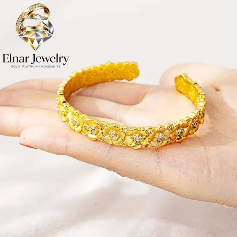 Elnar Jewelry Luxury 24K 9999 Pure Gold real gold Women's Diamond Flower Open Bracelet