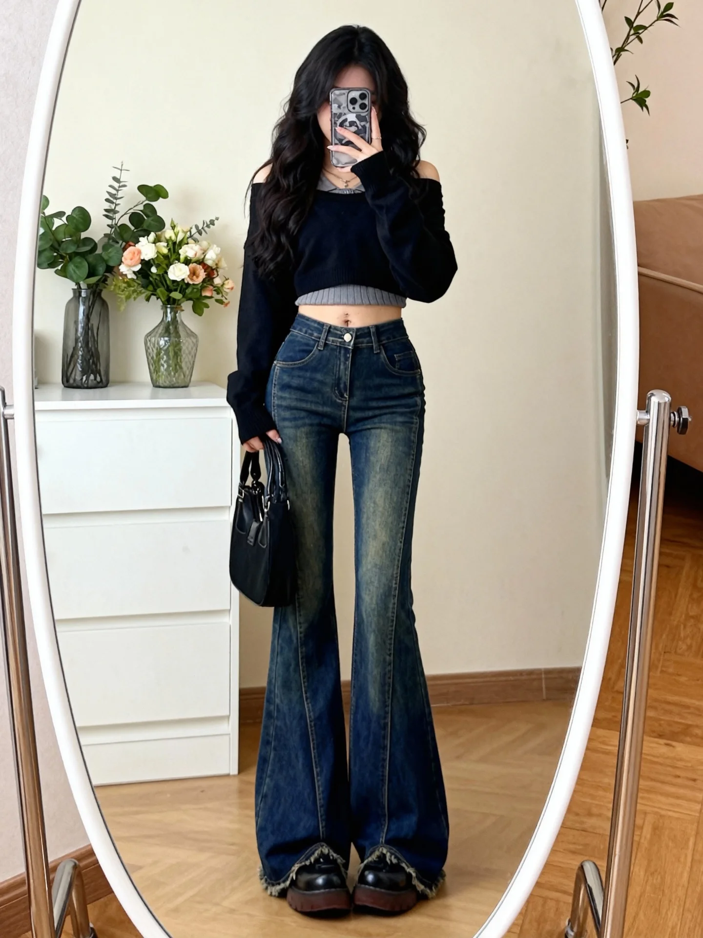 Jean rétro bleu doublé en Fce pour femme, taille haute, cloche Bot, grande taille, amincissant, couvrant les hanches, pantalon évasé élastique, automne hiver