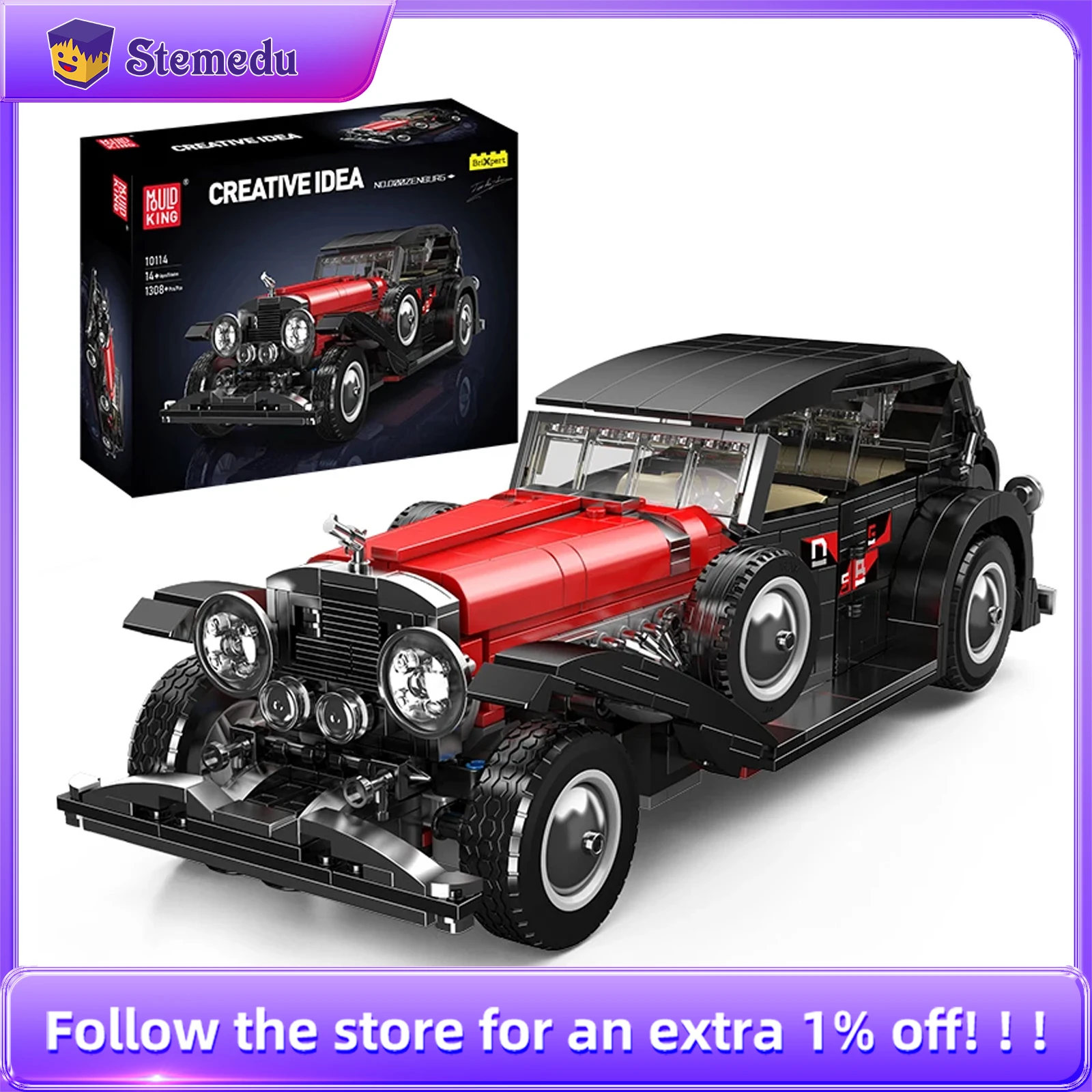 

1308PCS Mould King 10114 Technical Car Toy The Red Vintage Car Building Block Assembly Oldtime Car Bricks Set Kid Christmas Gift