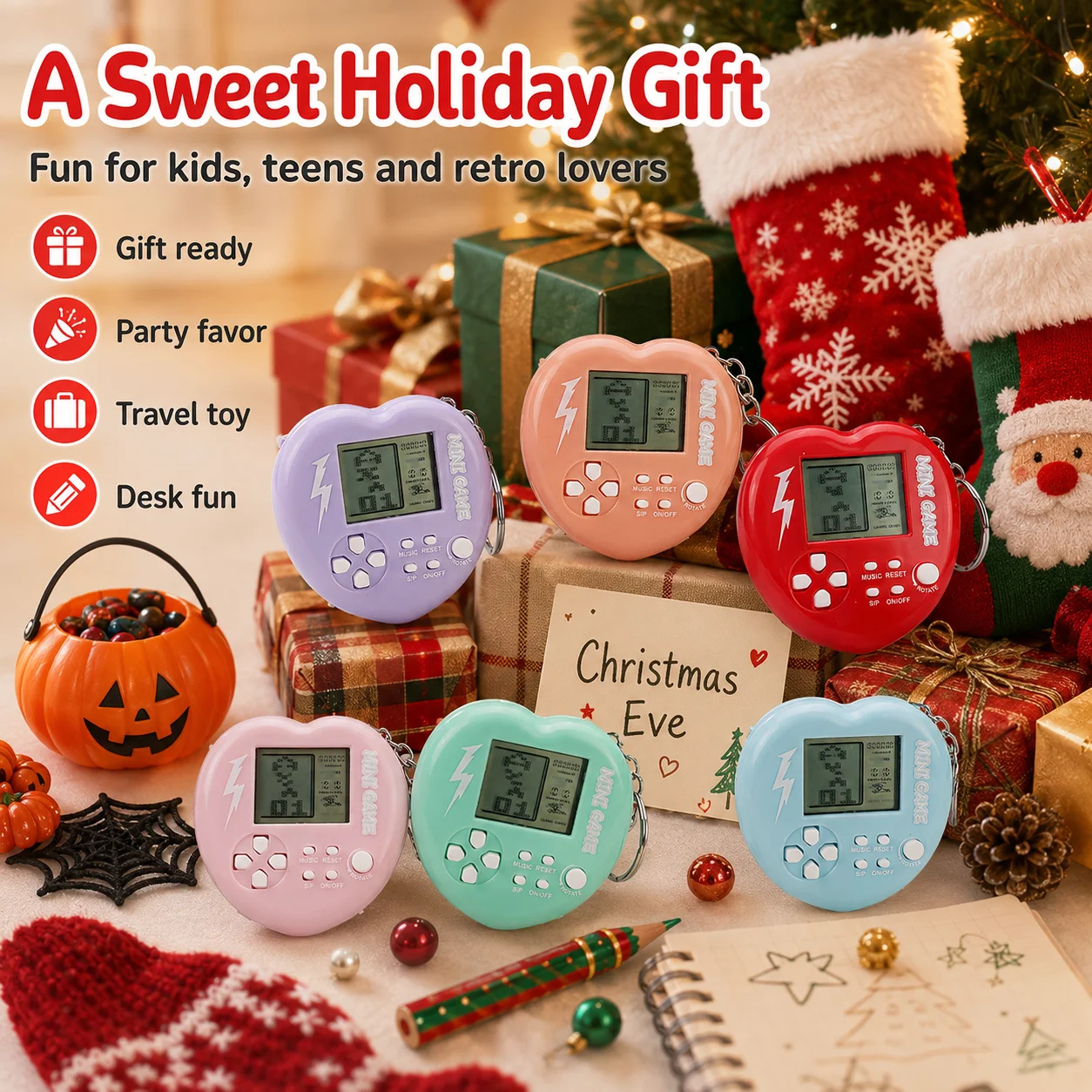Heart Shaped Mini Tetris Handheld Game Console Electronic Game Keychain Pendant
