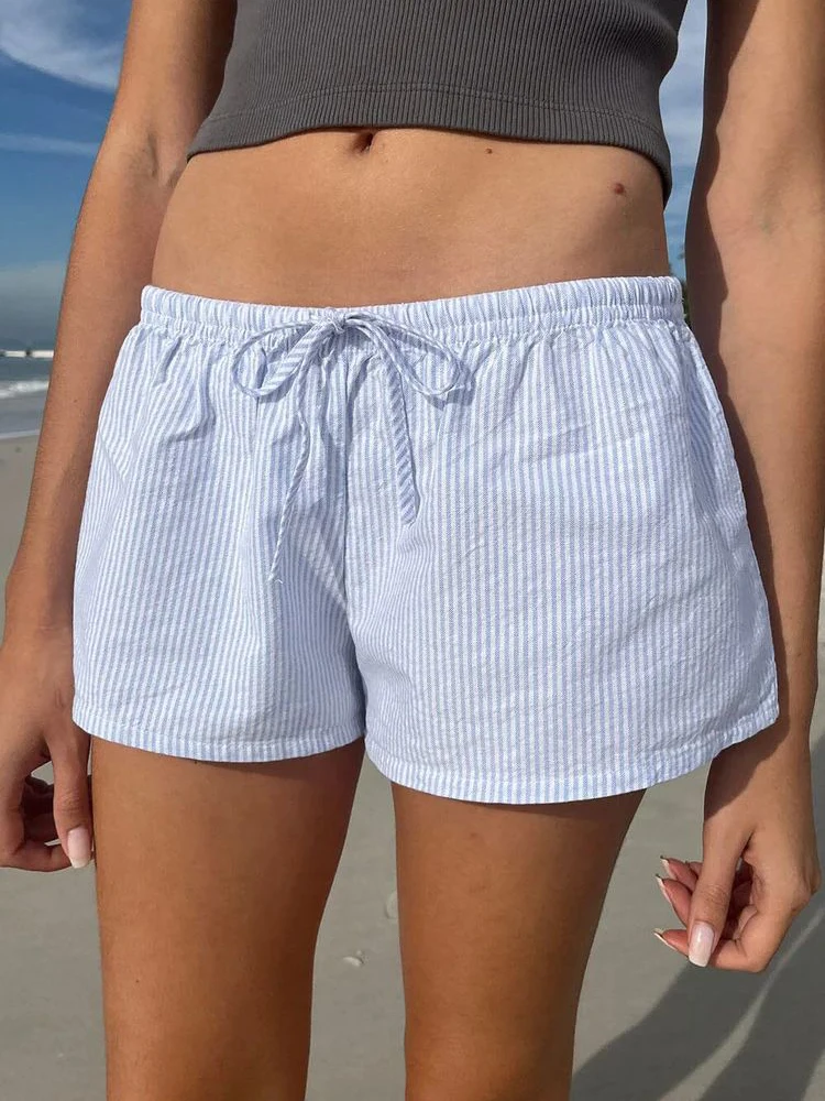 Gestreifte Schnür-Baumwoll shorts Frau Sommer elastische Taille straigt kurze Hose lässig Vintage süße süße Home Pants Home Unterwäsche