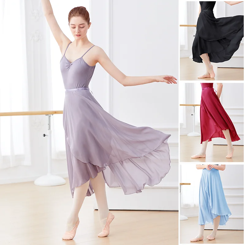 Adults Women Ballet Dance Skirts Long Chiffon Dance Skirts Lyrical Soft Ballet Dress Black Burgundy Translucent Dance Costumes