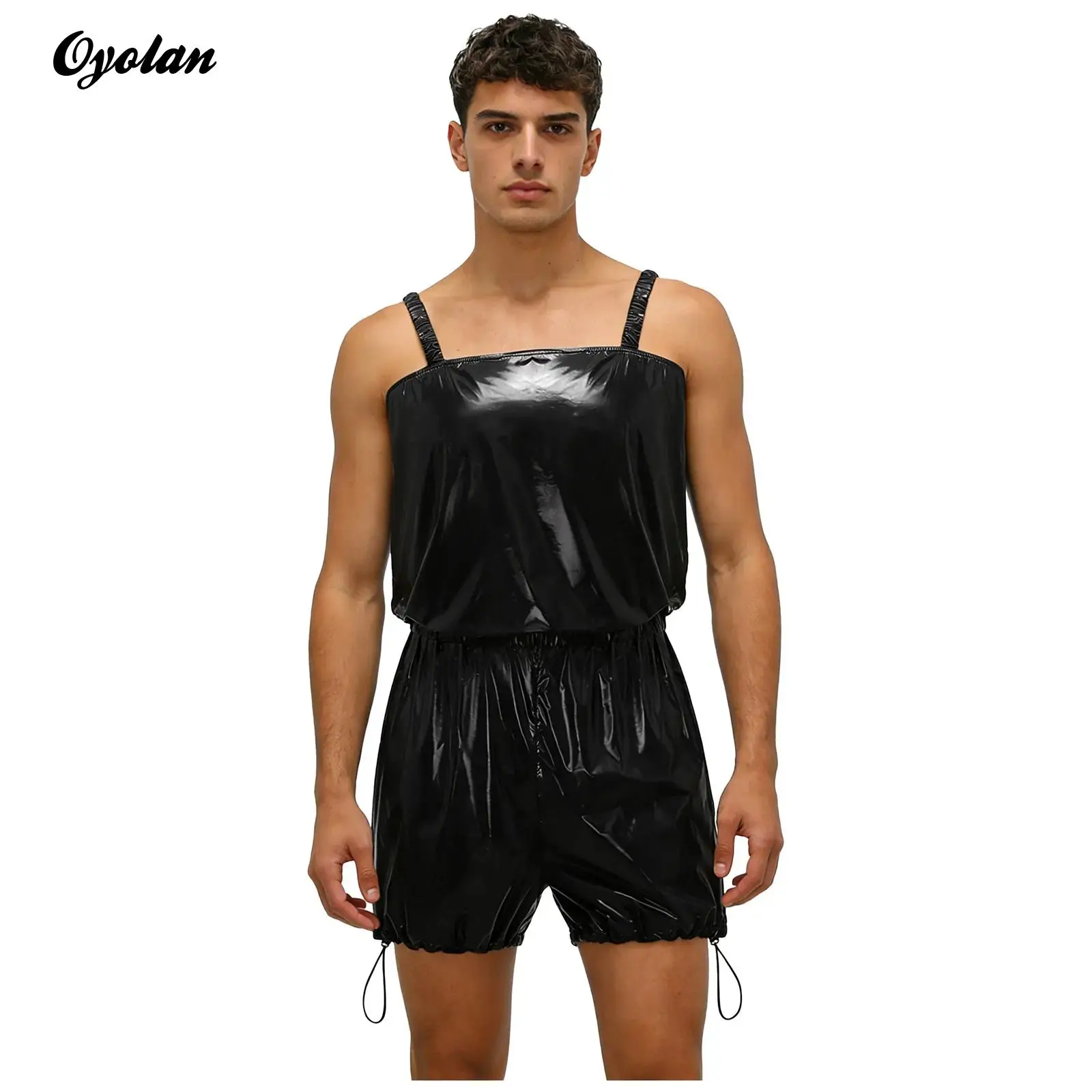 

Mens One-piece Adaptive Short Jumpsuit Swimsuit Shiny Diaper Cover Sling Bodysuit Drawstring Legs Glossy Rompers Clubwear