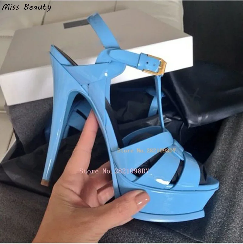 Women\'s Patent Leather Cross Strap Platform 13.5Cm Thin Heeled Stunning Sandal Shoes High Heels Woman Ankle Wrap Buckle Shoe