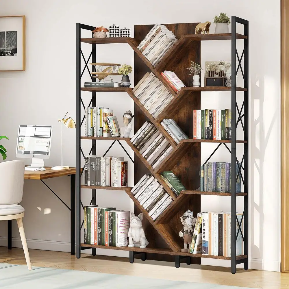 Industrial 5 Tier Tall Bookshelf Tree Shaped Bookcase Wide Display Organizer Home Office Living Room Book Storage Unit