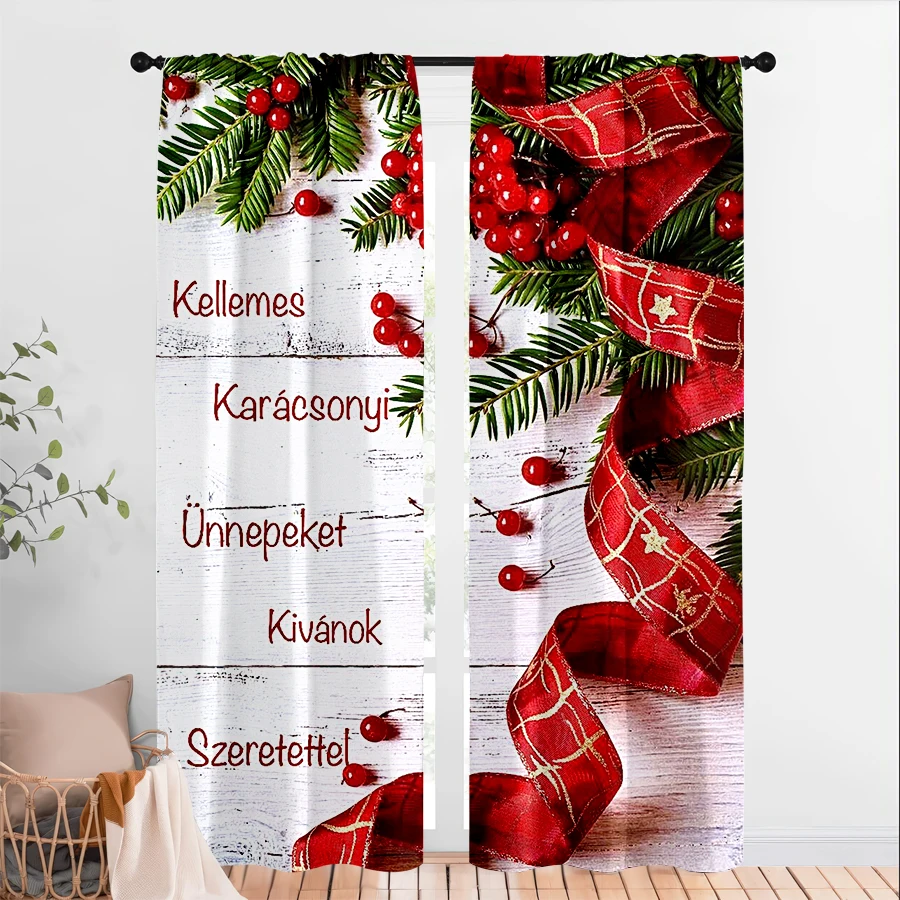 2PCS Digital Print Curtains, White Wood Board Pine Branches Red Berries Plaid Ribbon Hungarian Text, Rustic Farmhouse Style - Ch