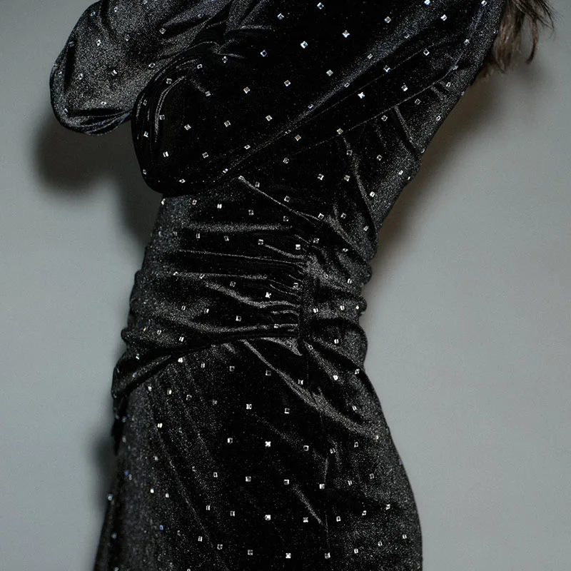 2016 حبة مزخرفة المخملية ميدي الدكتور مجموعة الشتاء الجديدة المرأة Faion Ele ثنيات ثوب للسيدات 25-35 سنة