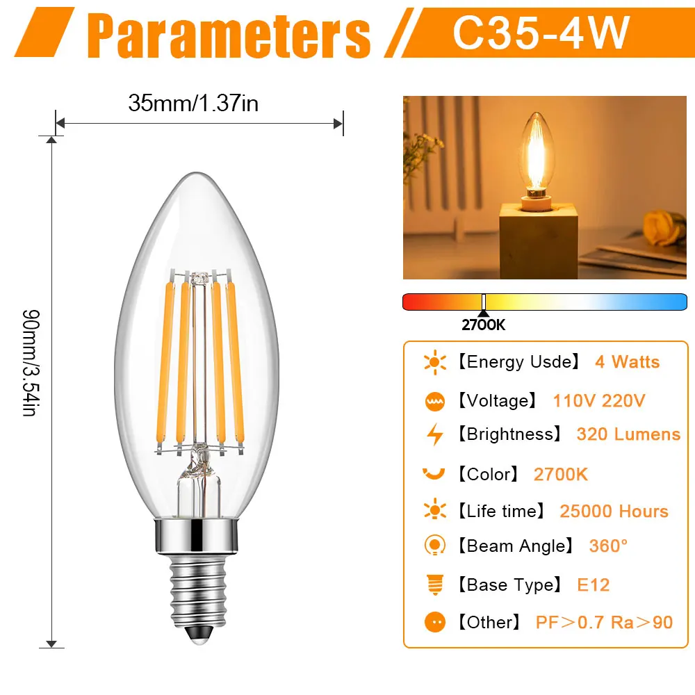 E12 LED Bulb Dimmable Candelabra Light Bulbs 40W Equivalent 2700K Warm White Clear Filament Candle Lights for Bedroom Kitchen