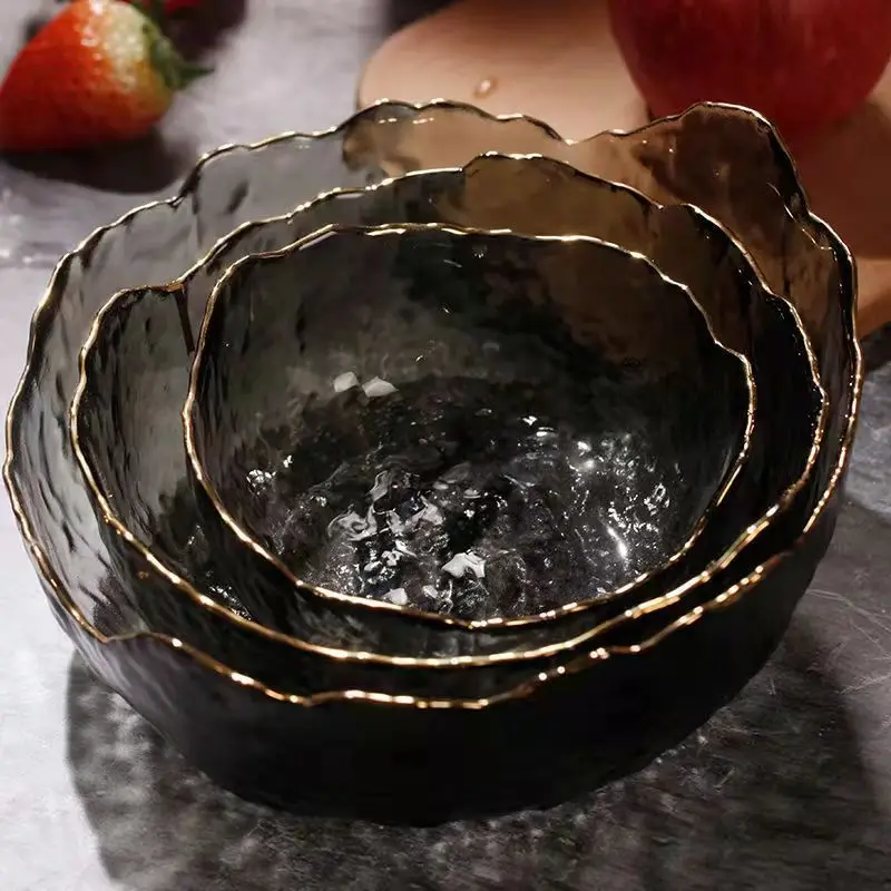 Japanese Style Gold Edged Irregular Glass Bowl Salad Hammer Pattern Bowl Household Instant Noodle Bowl