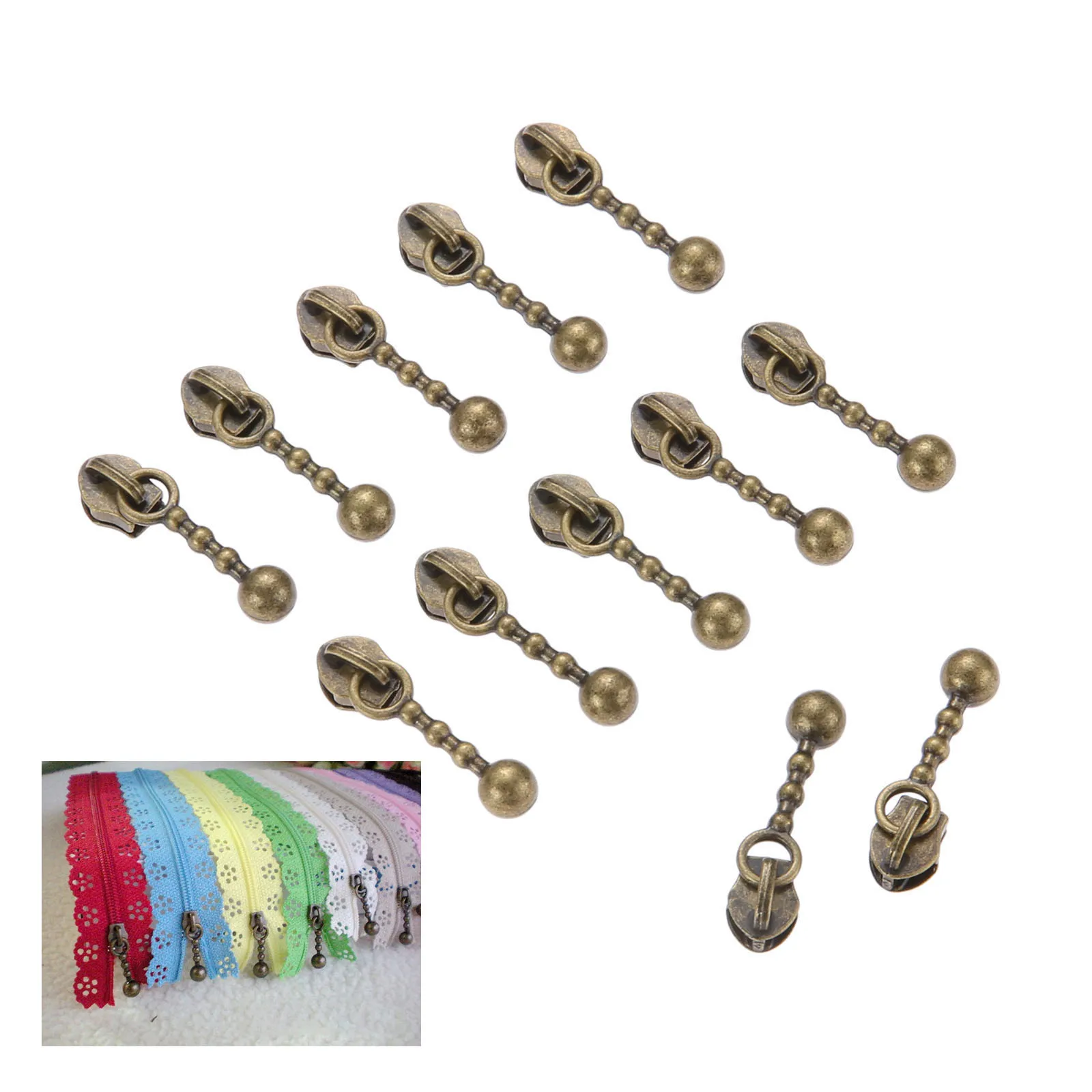 20Pcs Zipper Sliders Metal 3# Nylon Zippers Replace Pull Drop Shape Antique Bronze DIY Luggage Suitcase Craft Sewing Accessories