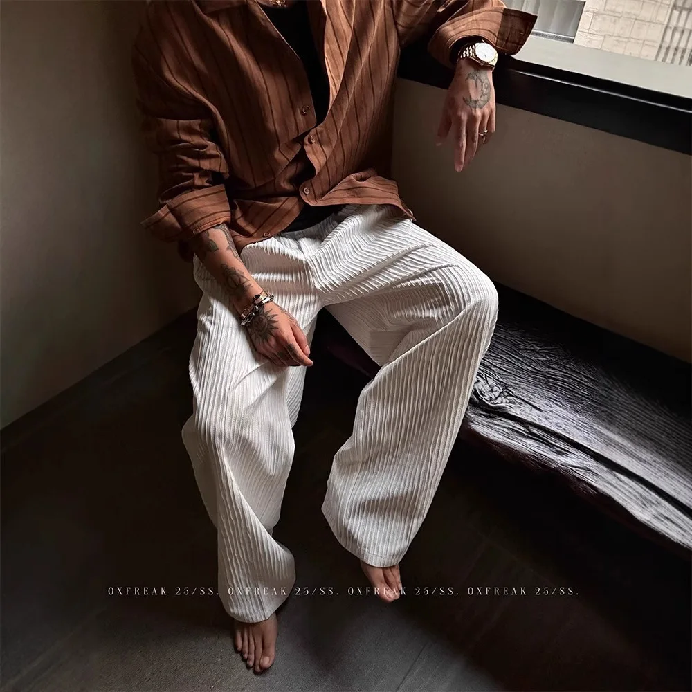 

Textured Thin White Pants for Men in Summer, Lazy Old Money Style Drapey Pants, American Trendy Brand Slimming Wide Leg Pants