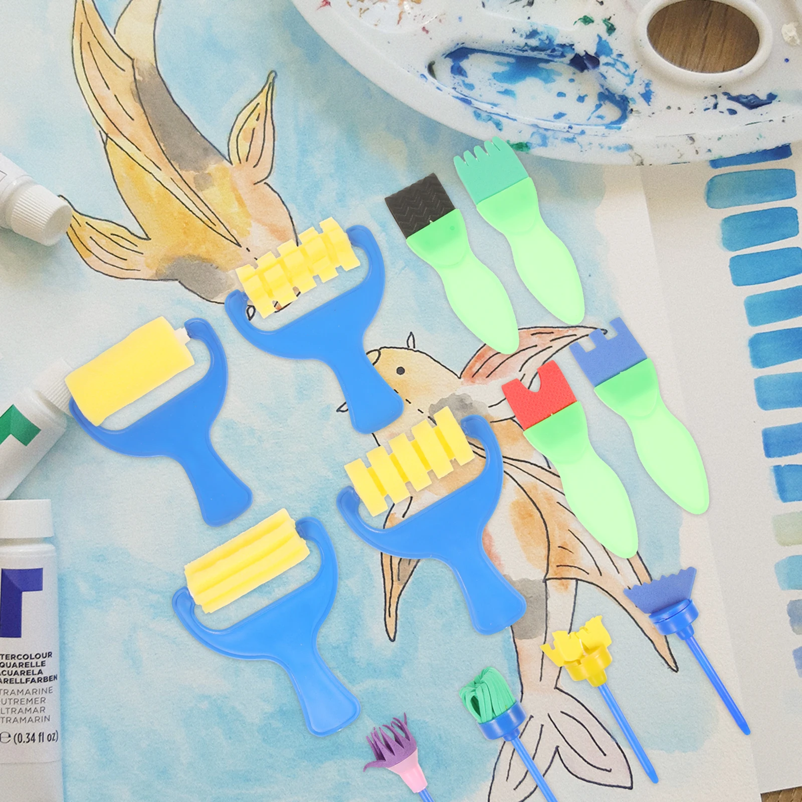 

1 Set Sponge Painting Tools For Kids Diy Drawing Art Craft Lightweight Roller Brush Kit For Watercolor Oil Acrylic Gouache,