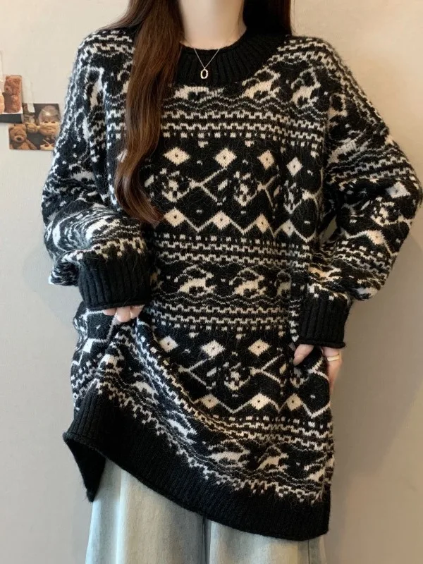 

Длинный вязаный свитер в стиле ретро, повседневный свитер из мягкой ткани, зимний теплый повседневный женский топ средней длины, большие размеры