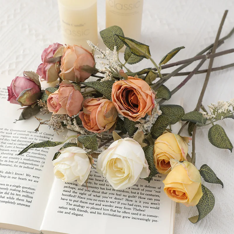 

Simulated Single Branch Retro 2 Head Burned Edge Rose Advanced Fake Flower Home Wedding Decoration Vase Ornament Photo Props