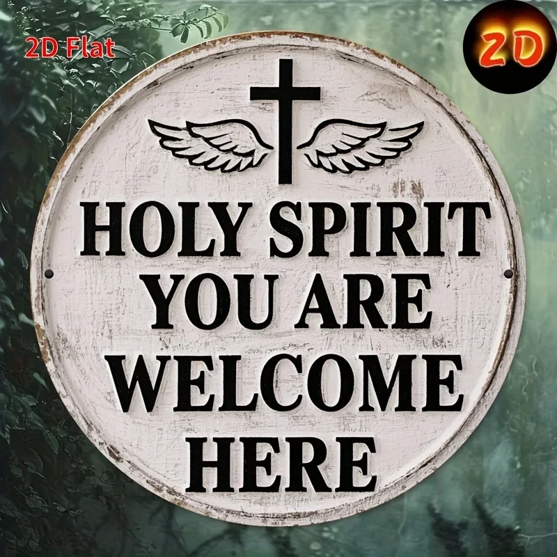 2D Flaches Metallschild „Heiliger Geist, du bist hier willkommen“ mit christlichem Kreuz, rustikale Engelsflügel-Glaubens-Wanddekoration, im Used-Look