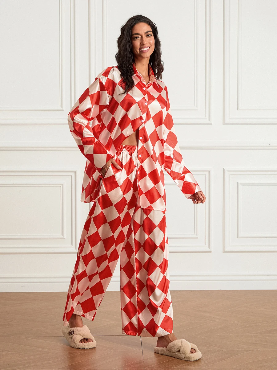 Women s Checkerboard Print Loungewear Set Long Sleeve Lapel Button Down Tops Long Pants Oversized Sleepwear