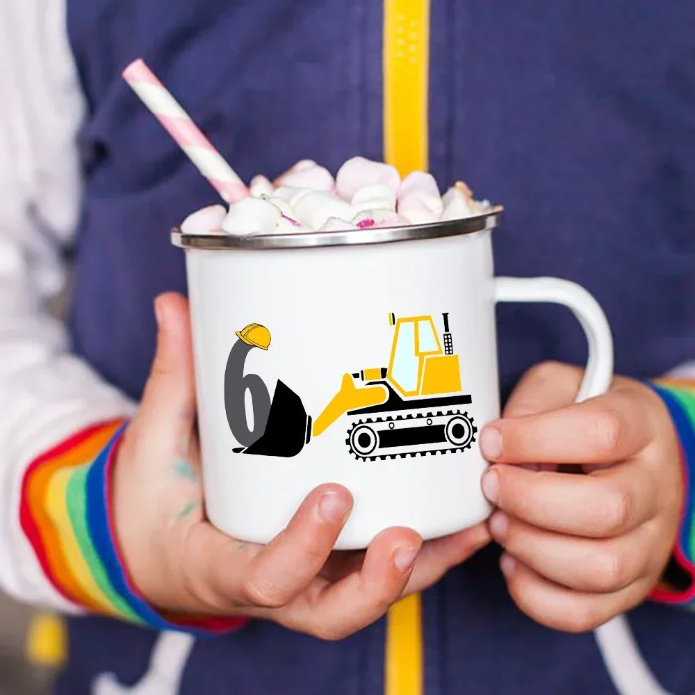 Breakfast Mug Cartoon Excavator 1-8 Year Boys Birthday Enamel Cola Mugs Kids Baby Dessert Milk Cocoa Cups Classmate Gifts