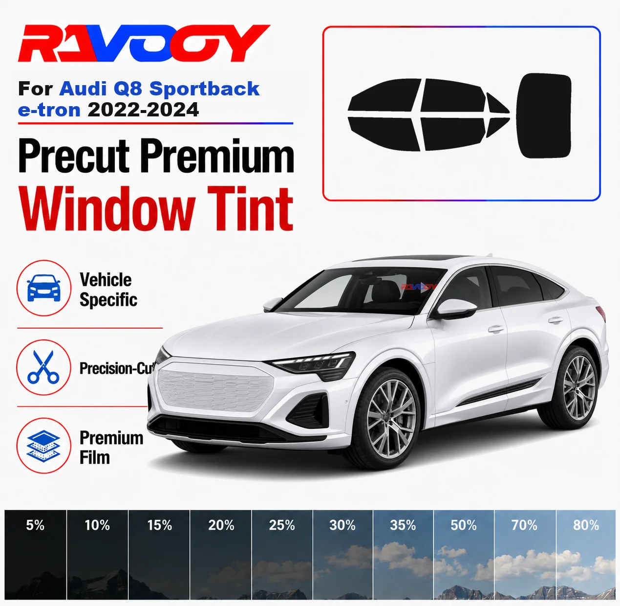 

Premium Precut Window Tint Kit Front Windows Rear Windows Rear Windshield For Audi Q8 Sportbk e-tron 2022-2024 Nano Ceramic Film