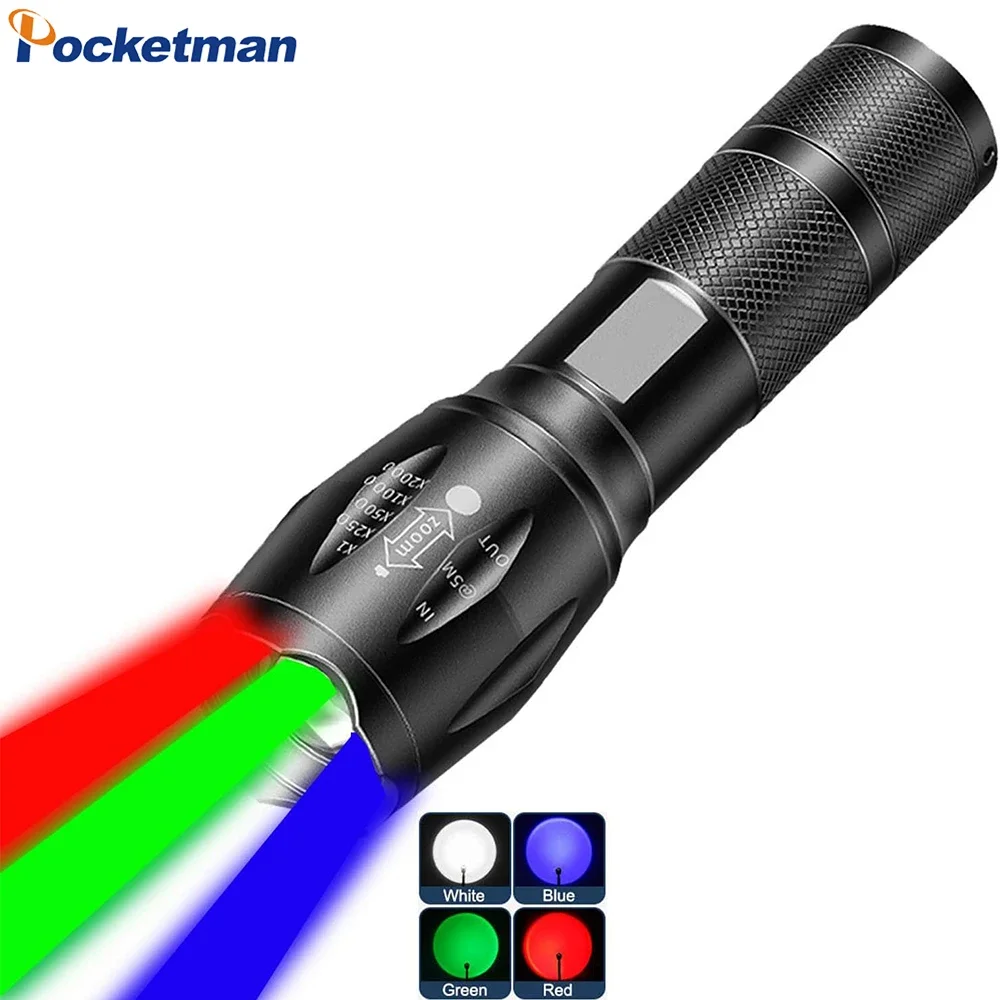 Multifunctional LED Flashlight White Red Blue Green Blue Light 4 Colors in 1 LED Flashlights 4 Modes Zoomable Rechargeable Torch