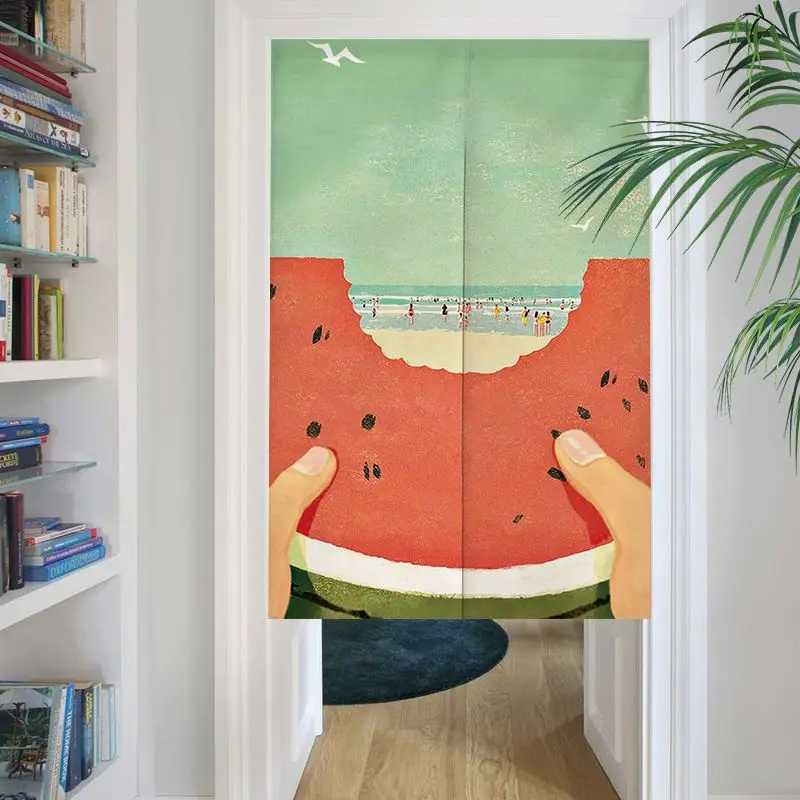VIKAMA Creative Watermelon Beach Summer Print Single Rod Pocket No Drill Noren Curtain Cafe Bedroom Entryway Partition Decor