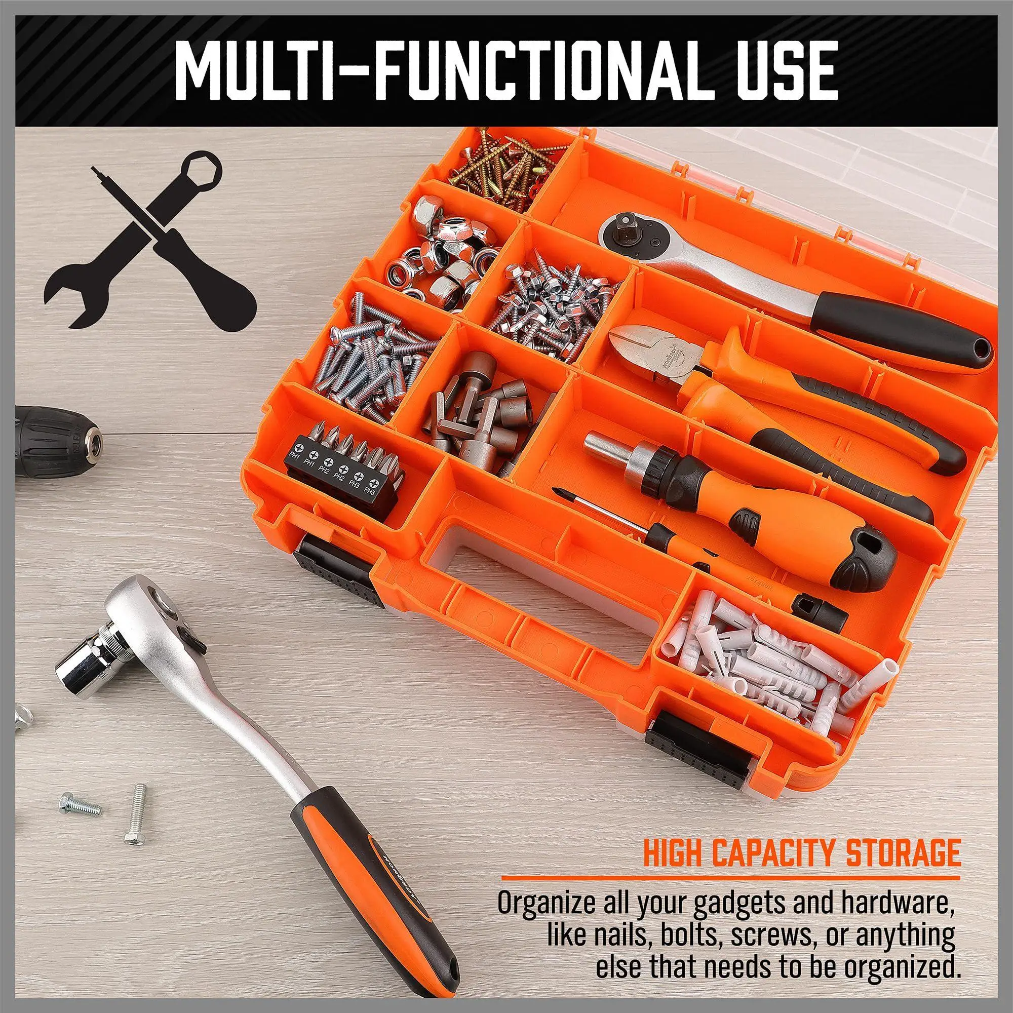 Portable Tool Box Organizer Double-Sided 34-Compartment Drill Bit Storage Bolt and Nut Case with Lid for Hardware Nail Bolt Nut