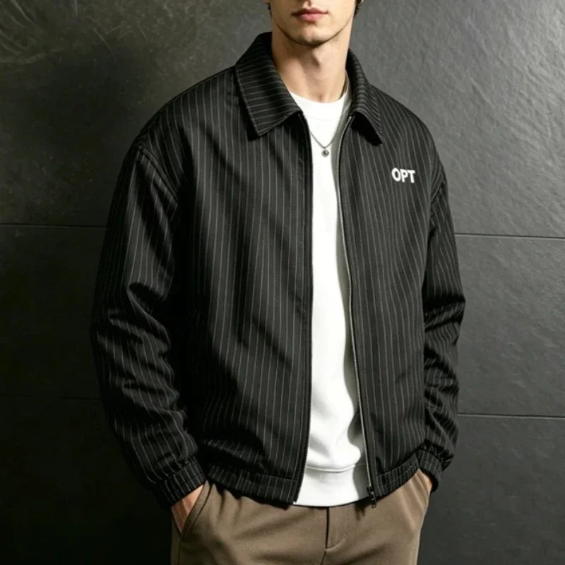 Lightweight Business Striped Lapel Jackets Men Zip Up Fashion Workwear Coat Man Slim Fit Daily Wear Spring Autumn Male Outerwear