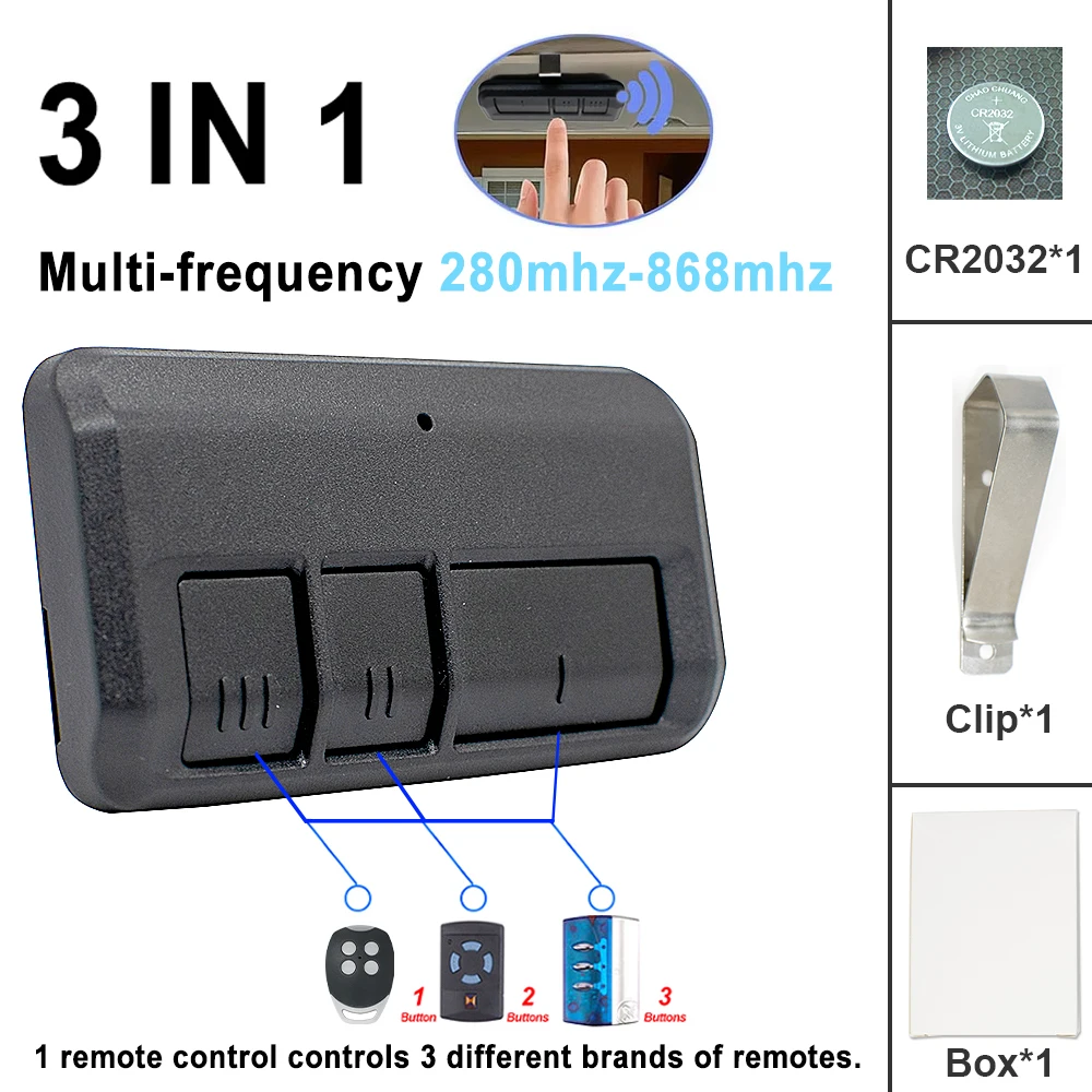 

3 in 1 280MHz to 868MHz Garage Door Gate Remote Control Duplicator Keychain Opener Clone 310 315 390 433 868 MHz Includes Clip