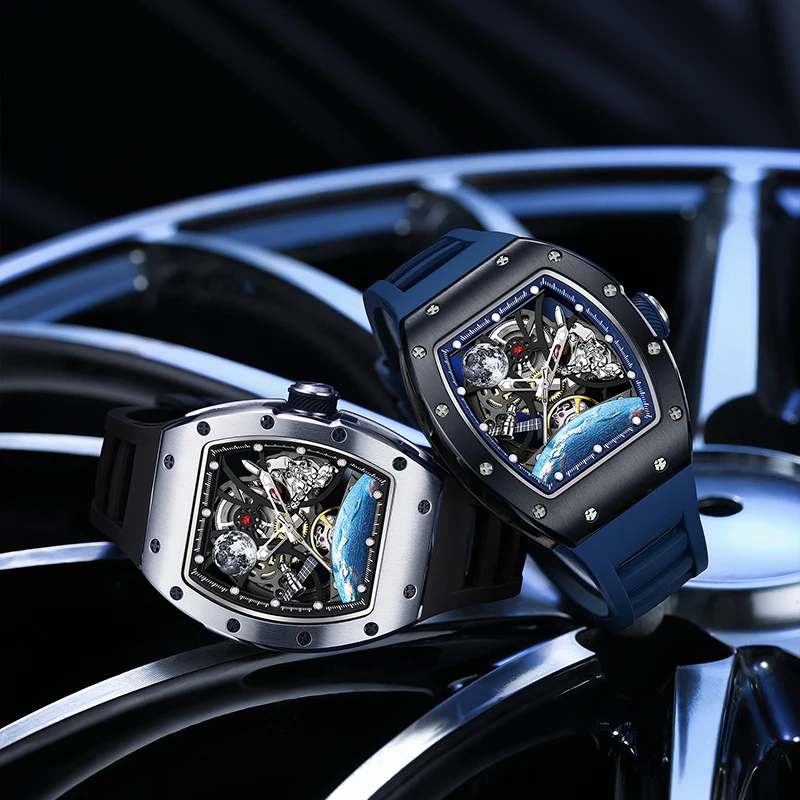 Men's Automatic Mechanical Watch with Stainless Steel Case Silicone Band Skeleton Dial Waterproof Sport Wristwatch Earth dial - Image 5