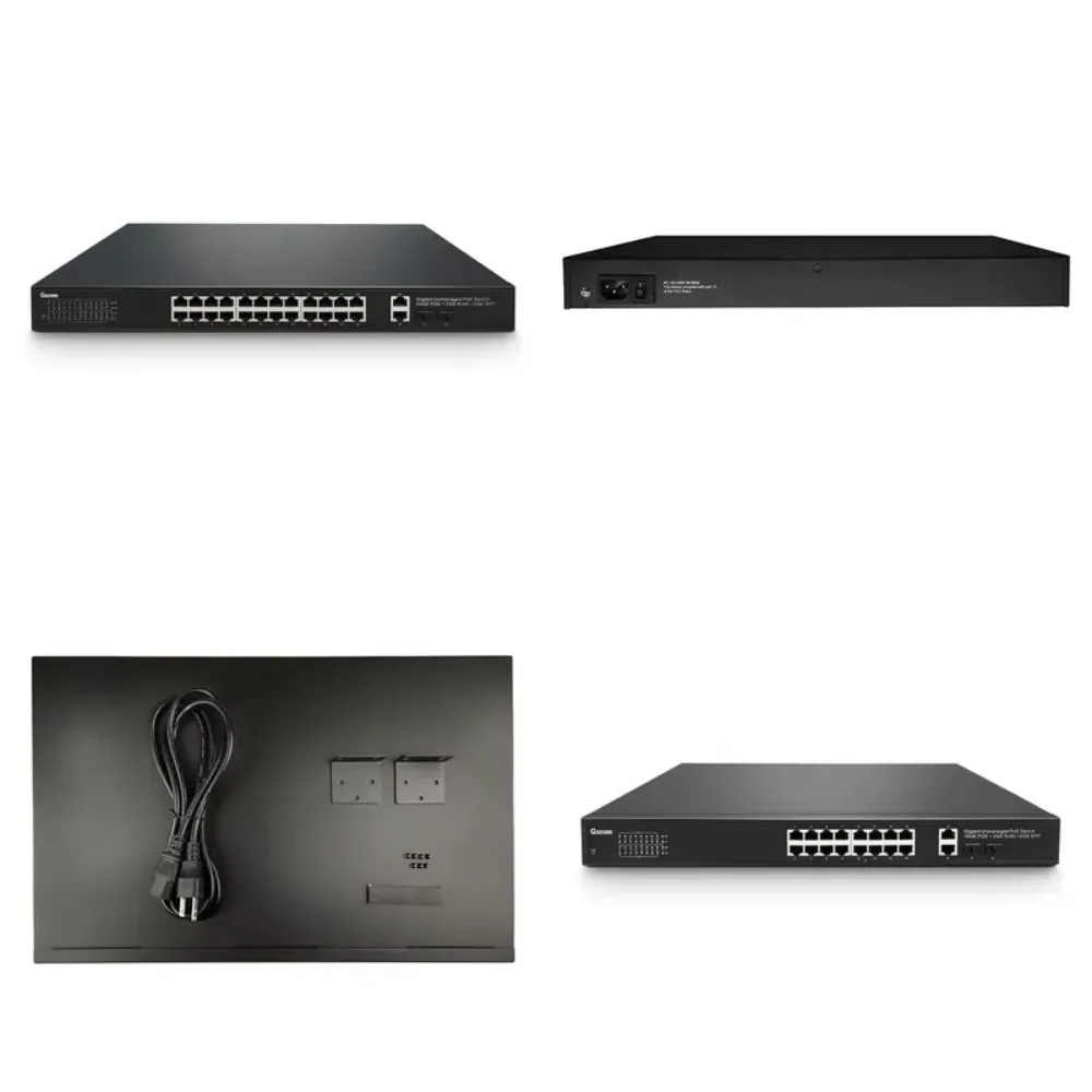 Wholesale 24-port IEEE 802.3af/at rack-mounted gigabit unmanaged 400W PoE+ switch, with 2 1Gb SFP uplinks, suitable for VoIP
