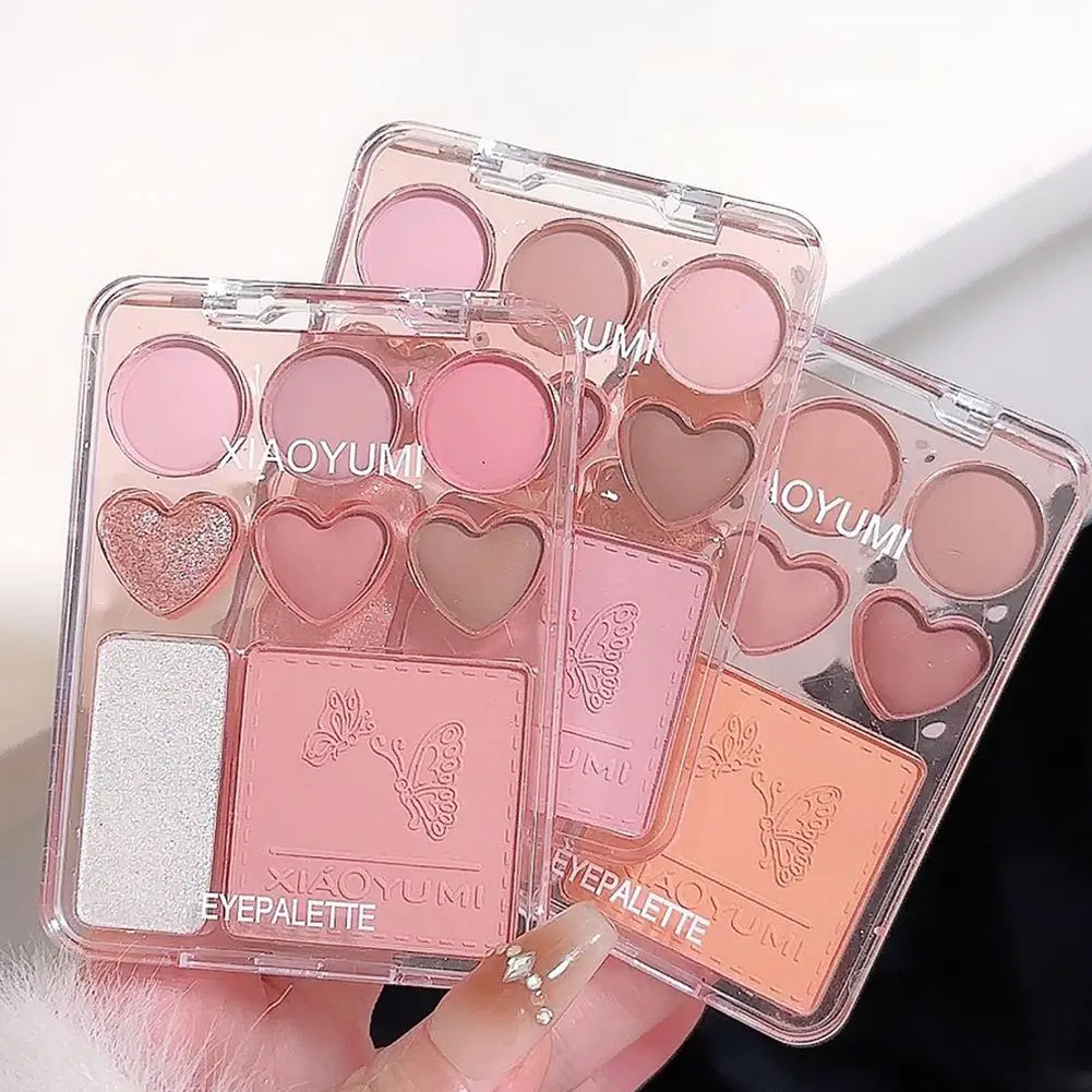 Paleta de sombras rosa laranja, 8 cores, blush, iluminador, cosméticos para os olhos, iluminador em forma de coração, maquiagem duradoura x1x5