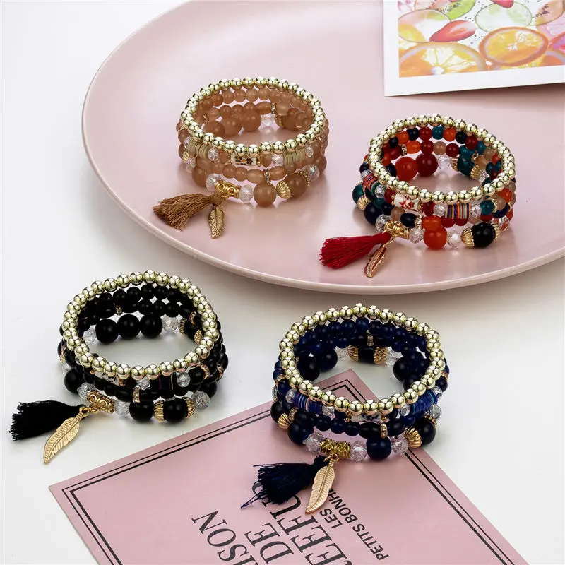 4Pcs Bohemian Colorful Glass Beads Bracelet Set For Women Tassel Leaves Charm Elastic Chain Bangle Girls Fashion Jewelry