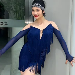 Blue Latin Dance Competition Dresses Women Long SLeeved Full Fringed Dress Samba Chacha Dance Party Costume Stage Wear SL9349