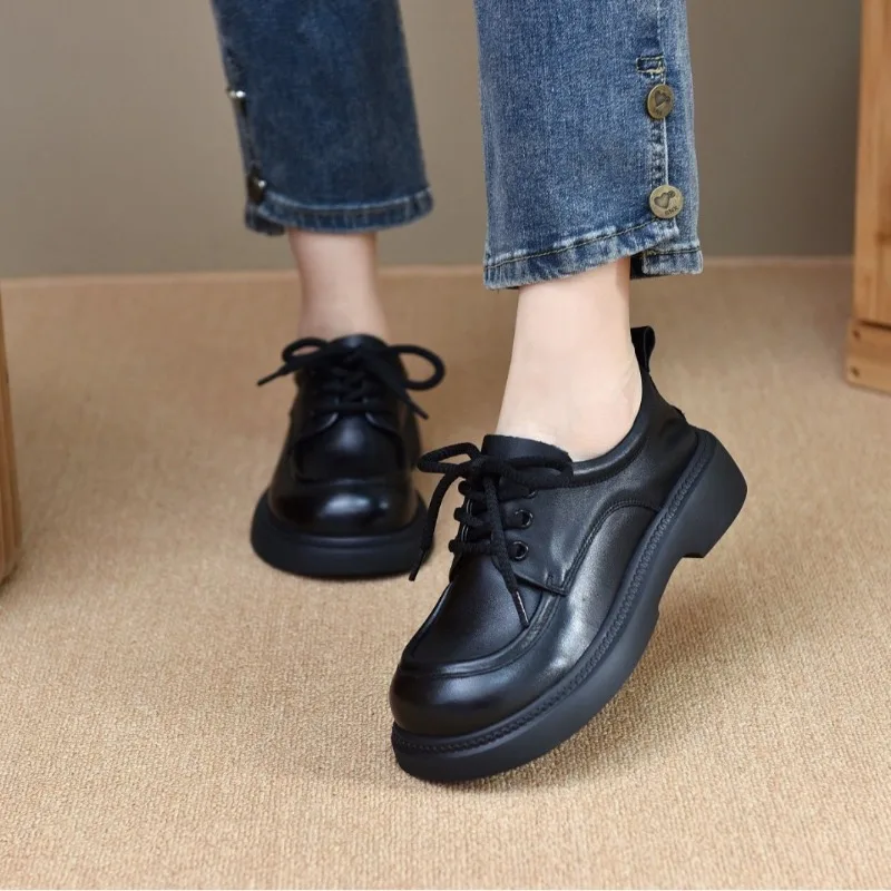 

Women's Loafers Thick Bottom High Heel Shoes Autumn Winter round Toe Ultra Leather Inner Heightening Retro British Style