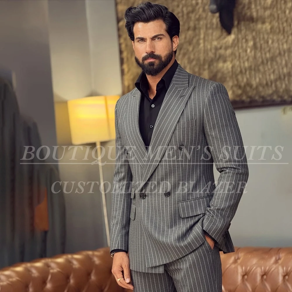 

Мужские костюмы высокого качества, роскошный двубортный пиджак с лацканами, приталенный пиджак в тонкую полоску, деловой комплект из 2-х предметов, куртка и брюки