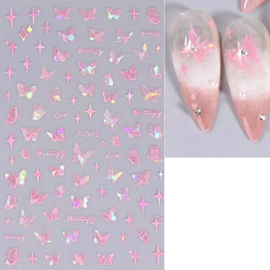 Shell aurora borboleta adesivos para nail art, oco, líquido, laser, borboleta, estrelas, adesivo de volta, decorações