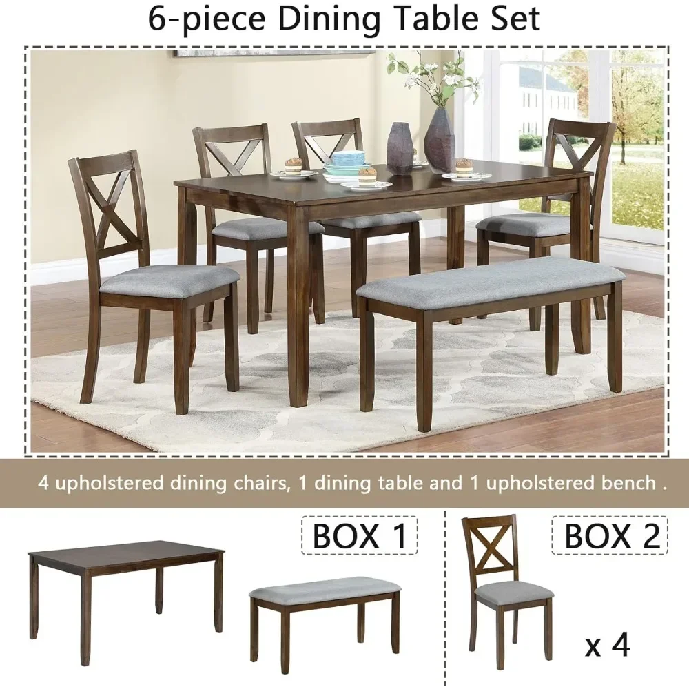 Dining Table Set for 6 with 4 Upholstered Chairs and 1 Bench for 6 Persons, Solid Wood Dining Table with Bench and Chairs Set