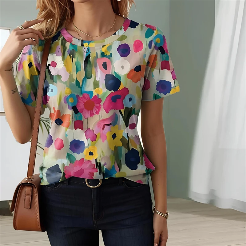 

Colors Flowers Painting T-shirt Women's Clothing Short Sleeve Loose Casual T Shirts Summer Simple 3d Print Flower Women Tees