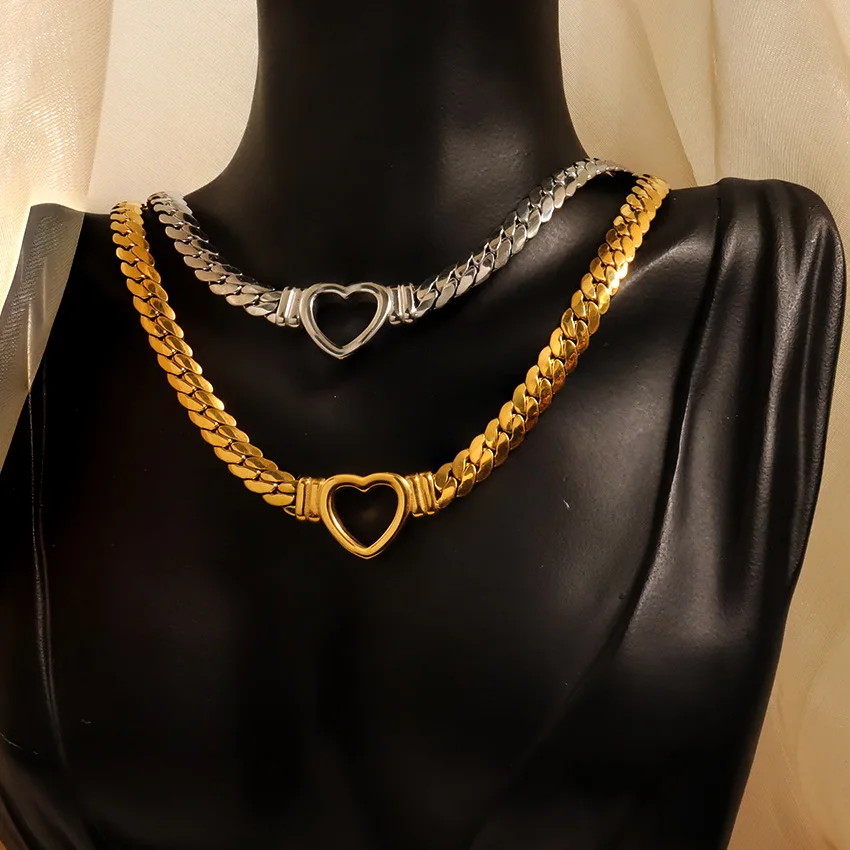 Peri'sbox Stainless Steel Solid Gold Pvd Plated Chunky Thick Chain Hollow Heart Choker Necklace for Women Street Fashion Jewelry view 3