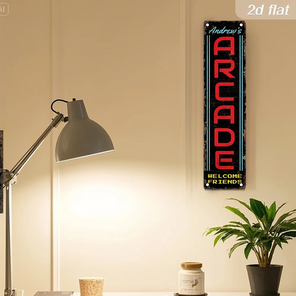 2D Flat, 1pc Vintage Arcade Welcome Sign - 40cm X 10cm Aluminum Wall Art with Neon 'ARCADE' Design, Perfect for Indoor