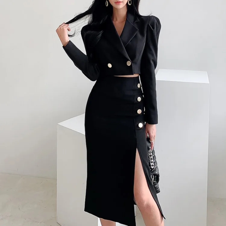 Spring Ol Commuter Professional Temperament Short Small Suit Medium Long Bag Hip Skirt Two Piece Set for Women